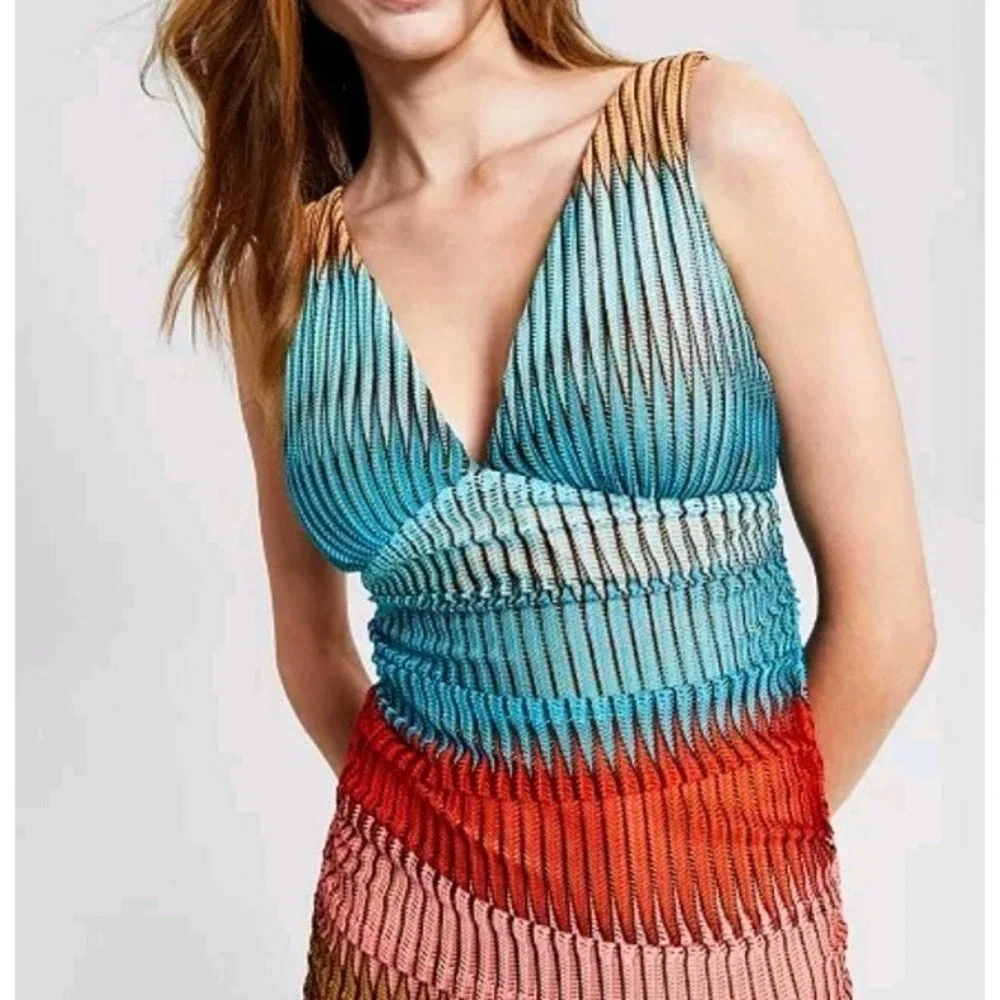 Guess Women's Size 8 Striped Open-Stitch V-Neck Sleeveless Bodycon Midi Dress - Picture 3 of 12